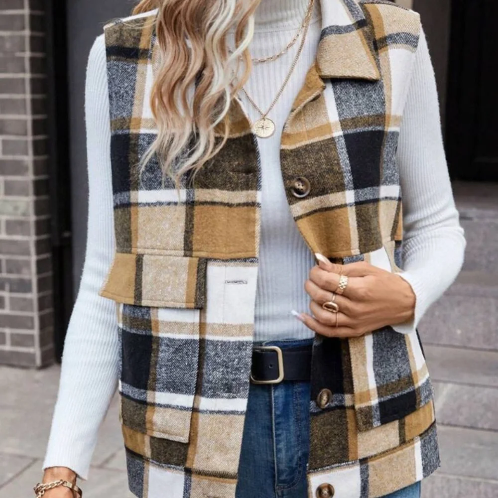 New plaid button down sleeveless vest jacket - Picture 4 of 5